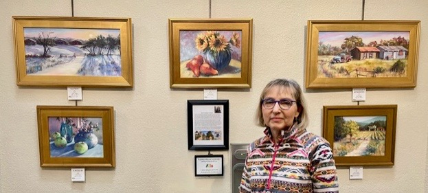 Jane Hogan’s artworks are on display at the Sun City Social Center. (Photo by Barbara Chenault)