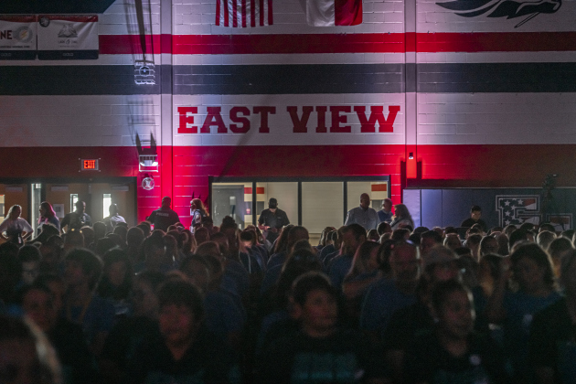 The East View High gymnasium was left in darkness after a power outage. Photo by Andy Sharp. 