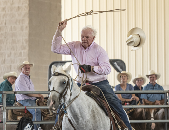 Tom McMaster of Salado loses his hat while competing in Breakaway Roping.