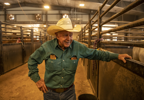 Dayton Harper, 86, of San Angelo, relaxes after completing his final ride of the day, 80s Breakaway Roping.