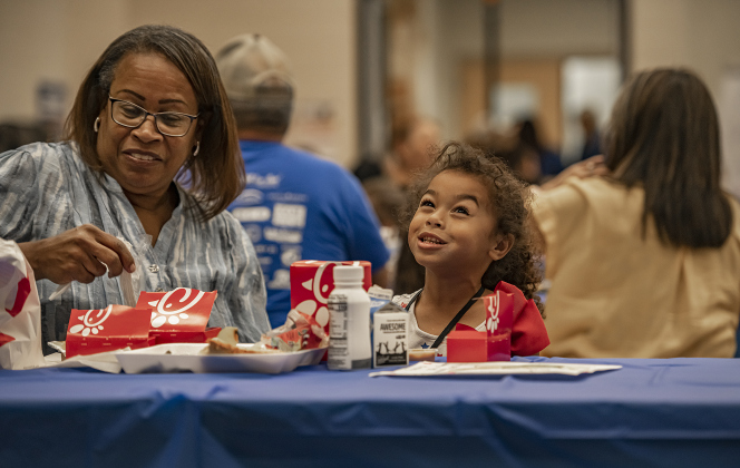 Karen Gillespie has fun with her Pre-k granddaughter Kinsley Gillespie, 4, during a Grandparents' Day lunch  held at Jarrell Elementary School on Friday, September 8, 2023. 