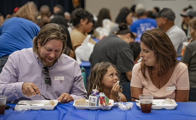 Kindergartener Mirum Anderson, 5, enjoys a meal with her grandparents Joey and Anna Anderson during a Grandparents' Day lunch  held at Jarrell Elementary School on Friday, September 8, 2023.  These grandparents traveled several hours from their home in San Angelo to be with their granddaughter.
