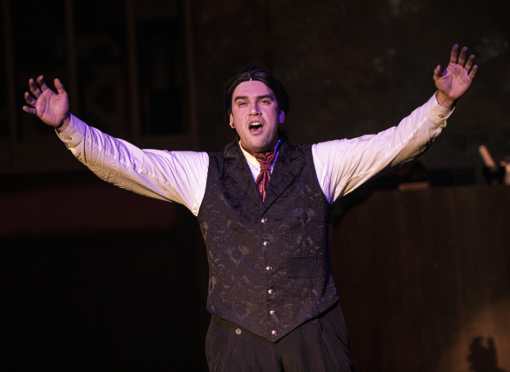 Cayden Couchman, playing Henry Jekyll and Edward Hyde, is pictured as Jekyll in a Thursday, October 5, 2023 dress rehearsal of "Jekyll & Hyde," playing on the Palace's Springer Stage through November 5.    Photo by Andy Sharp. 