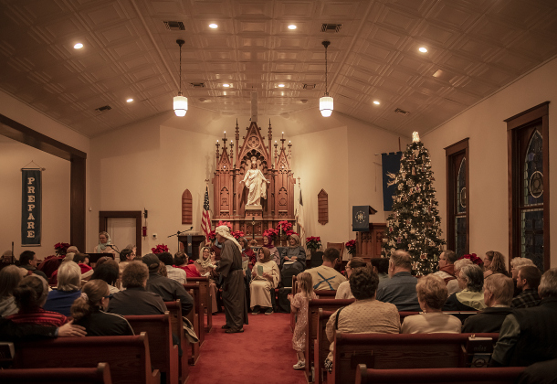 The sanctuary filled with attendees  at Immanuel Lutheran Church for their Pilgrimage to Bethlehem, the church's Live Nativity, on Saturday, December 9, 2023.