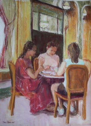 “Vienna Coffee House” by Jan Frazier is on display in the Palace Theatre’s lobby complimenting the romantic comedy “She Loves Me.” 