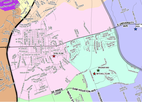 Purl Elementary School's attendance zone is highlighted in pink, while Mitchell Elementary School's attendance zone is in light blue. 