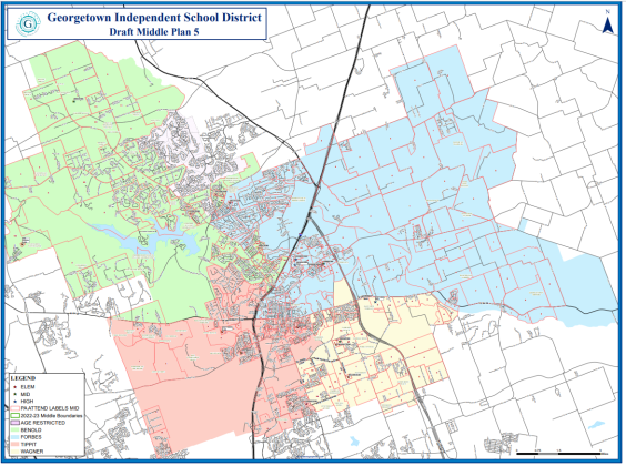 This map shows all of Georgetown ISDs new attendance zones, which will go into effect for the 2024-25 school year.  