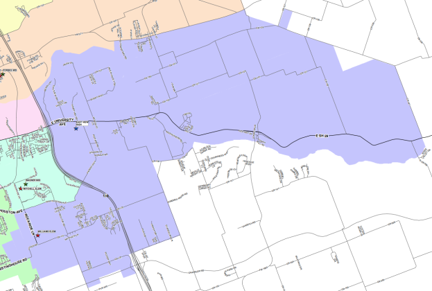 Williams Elementary School's attendance zone is highlighted in lavender purple. 