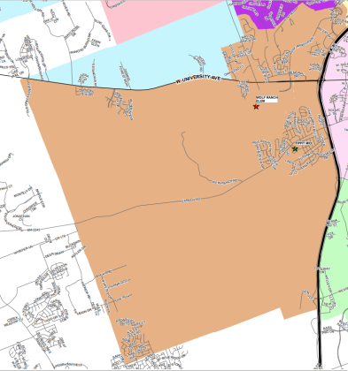 Wolf Ranch Elementary School's attendance zone is highlighted in dark orange. 