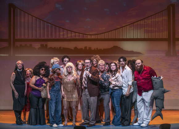 Members of the cast are shown performing  in  a Thursday, March 21, photo from the dress rehearsal of "Disaster! the Musical." 