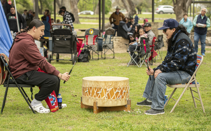 Chayton Hoskins, left, and Joseph Nava perform traditional Native American songs during a gathering to talk about the history of Native Americans in the Georgetown area on Sunday, March 24. Photos by Andy Sharp