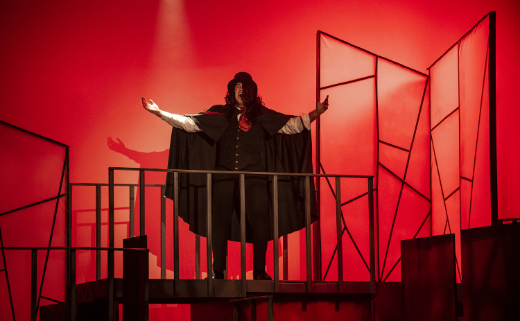Cayden Couchman, playing Henry Jekyll and Edward Hyde, is pictured as  Hyde in a Thursday, October 5, 2023 dress rehearsal of "Jekyll & Hyde," playing on the Palace's Springer Stage through November.    Photo by Andy Sharp. 