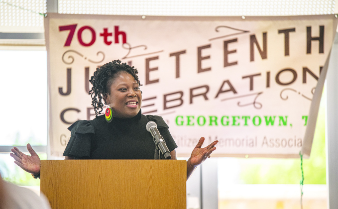  Dr. Malissa Sanon, Director of Student Inclusion & Diversity at Southwestern University, was the guest speaker on Saturday, June 18, 2022 during the Georgetown Cultural Citizen Memorial Association's 70th Annual Juneteenth Celebration, held at the Georgetown Community Center in San Gabriel Park.  Photo by Andy Sharp. 