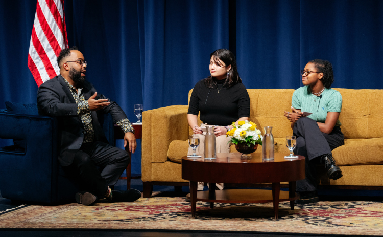 Kevin Young on the Q&A panel following the lecture, hosted by Natalie Gonzales (left) and McKenzie Rentie.