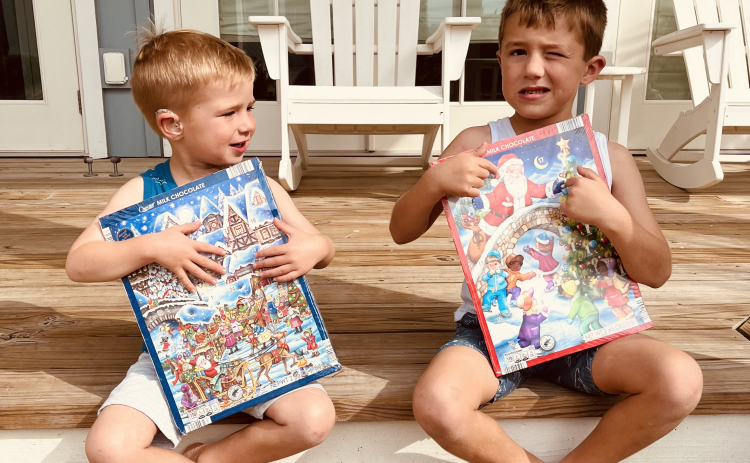 Linda Dwyer’s grandsons, Hudson and Cole Dwyer, with Aldi Advent calendars.