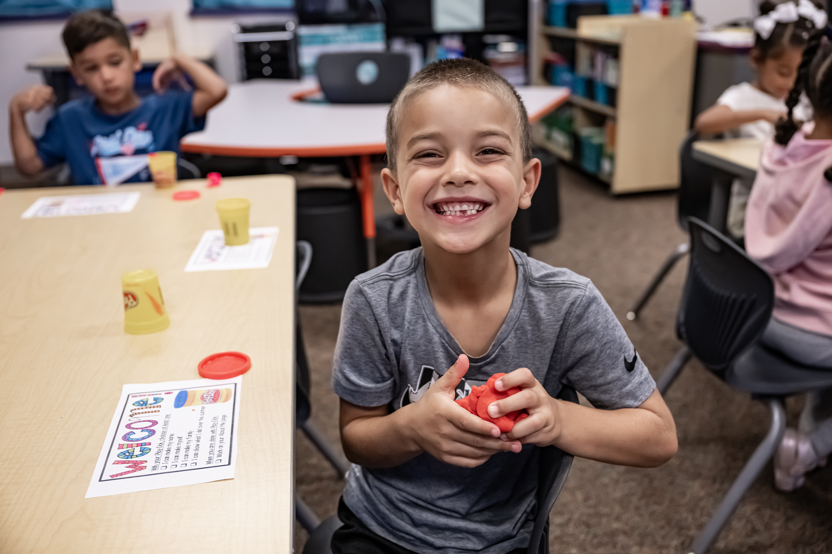 6-year-old Camden Velez happily settles into his kindergarten classroom on Wednesday, August 19, 2026,  the first day of classes at George Washington Carver Elementary School. 