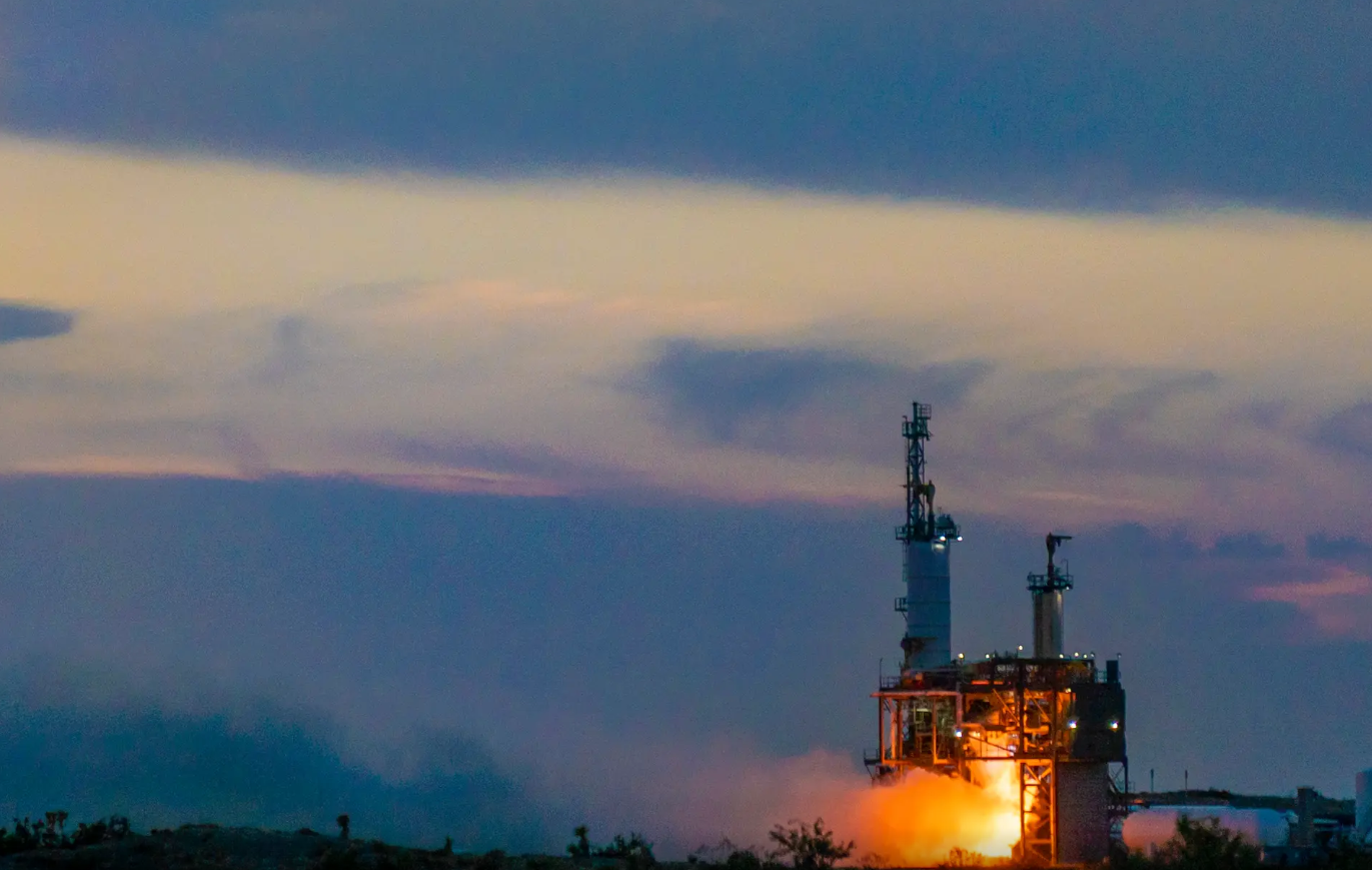 A Blue Origin engine is tested at a launch site in West Texas on June 27, 2022. The company’s new agreement with Williamson County would build 1 million square feet of industrial research space off U.S. Highway 79 in Hutto.  Photo courtesy Blue Origin 