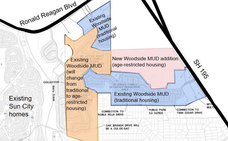 The Woodside MUD will now include a mix of traditional and age-restricted homes, including a new addition of 500 age-restricted units. 