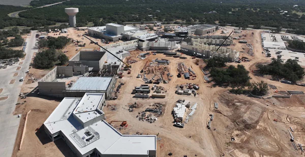 An aerial photo shows recent progress on Georgetown’s fourth high school at DB Wood and Cedar Breaks roads. Courtesy Georgetown ISD