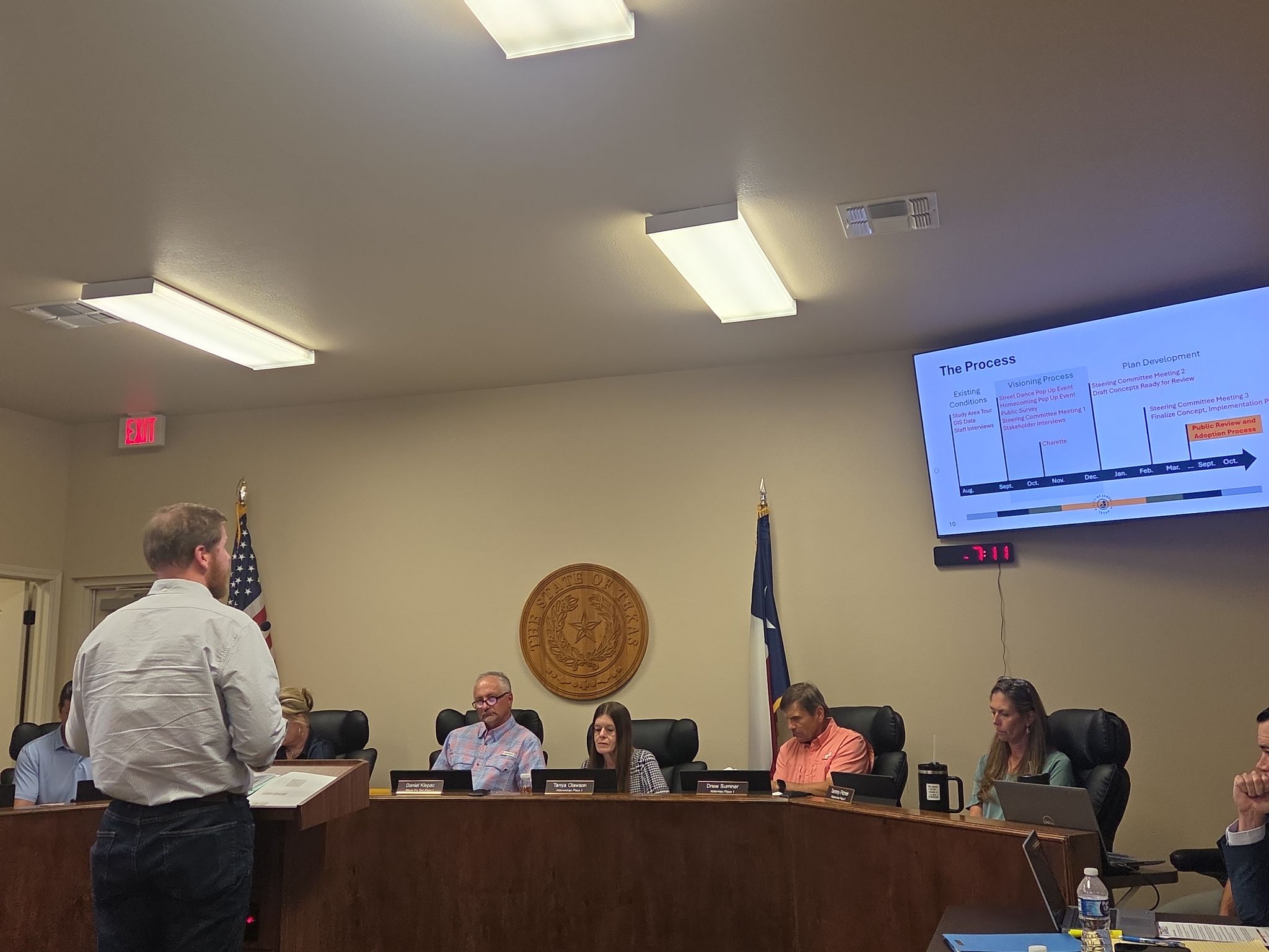 Ethan Harwell, an engineer with Kimley-Horn, presents the final draft of Jarrell’s Downtown Masterplan to city council on October 6. Photo by Nalani Nuylan