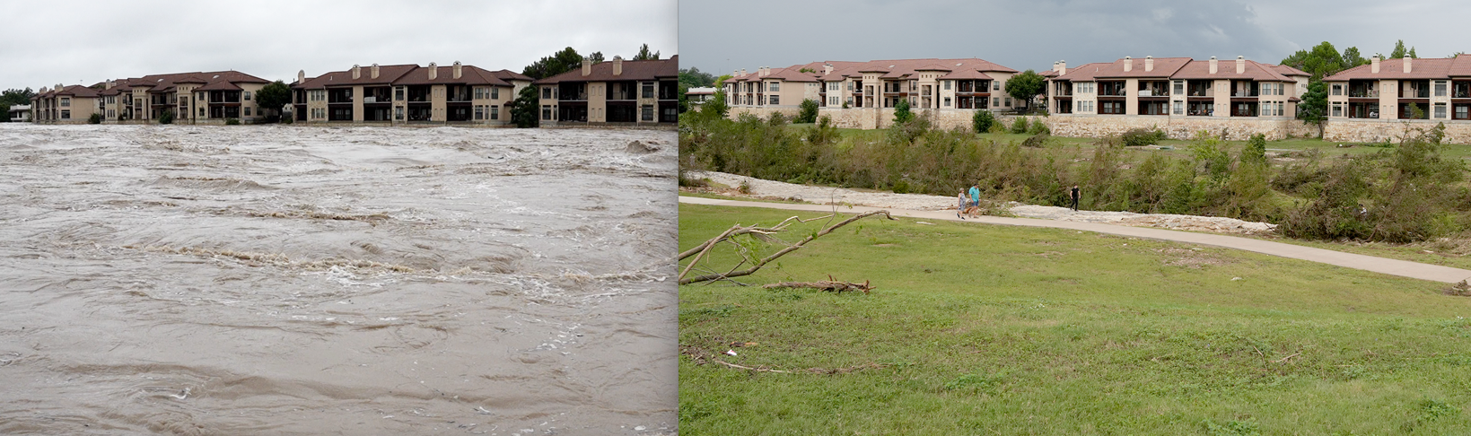 Flood waters in the San Gabriel river are seen on July 5, left, and 24-hours later on July 6, after water has receded. These photos were taken from the same place. 