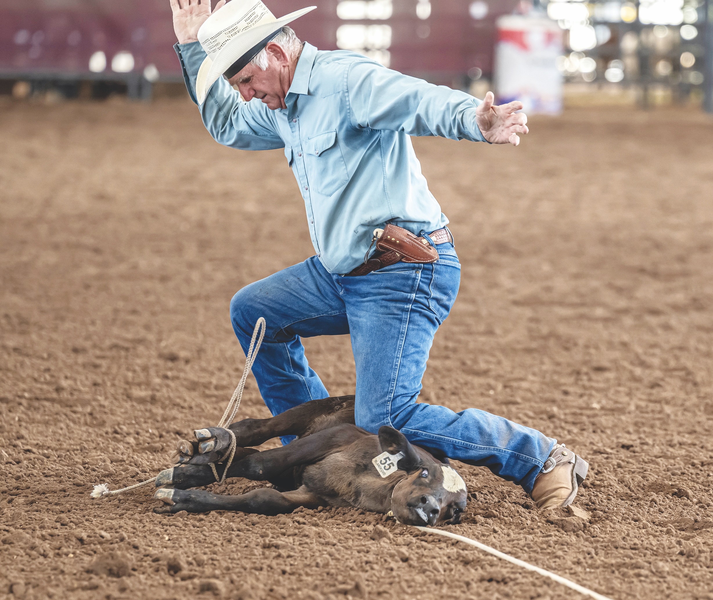  Ed Denison, 78, of Hockley, Texas competes in Tiedown Roping  during the Texas Senior Pro Rodeo Association’s event held at the Williamson County Expo Center on Saturday, August 23, 2025. Founded in 1978, the group welcomes members who are at least 40 years of age.  They conduct rodeos throughout Texas from March through October.   Photo by Andy Sharp. 