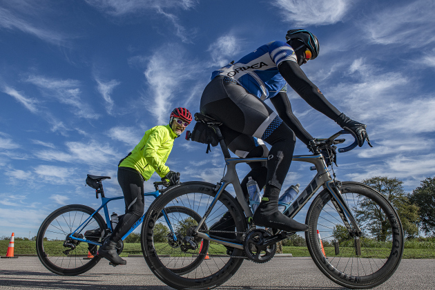 Friends Jani Rautaneva, left, and Sanora Baptiste leave on a 52-mile bicycle ride together, departing from Berry Springs Park and Preserve Saturday morning, November 12. Temperatures were in the upper-30s this morning, but these experienced cyclists knew how to dress for the weather on a crisp autumn day. 