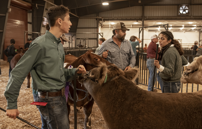 15-year-old twin siblings Aiden Wall, left, and his sister Addison, right, visit with their father Brian Wall, center, before entering the arena with their steers.