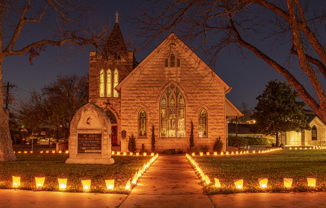 Luminaries adorn the grounds of St. John's United Methodist Church on Thursday, December 15, 2022.   The luminaries will shine throughout the Christmas holiday season.   The church, located at 311 East University, will conduct live nativities  here from Wednesday, December 21 through Friday, December 23, from 6-8 p.m. each evening. (Photos by Andy Sharp)