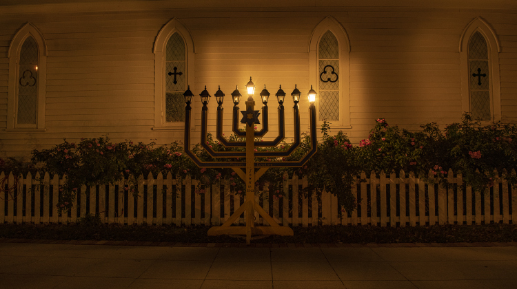 A  menorah placed near Grace Heritage Center at Ninth and Main Streets, is seen on Sunday, December 18, 2022, the first night of Hanukkah.  The menorah, placed by Georgetown's Messiah Echad, will add a light each night beginning at 6 p.m through Hanukkah.