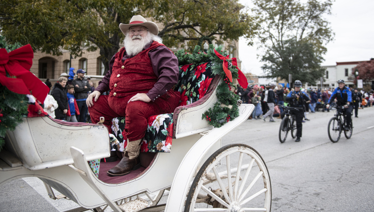 The Christmas Stroll parade concludes with a visit from Santa Claus along Austin Avenue.