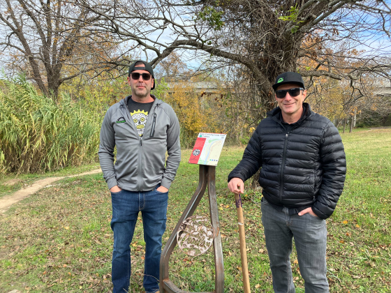Georgetown Trail Foundation Treasurer Cove McCormick, left, and Vice President Aaron Zander stand at the beginning of the Katy Crossing Trail, which was recently cleared along the San Gabriel River.