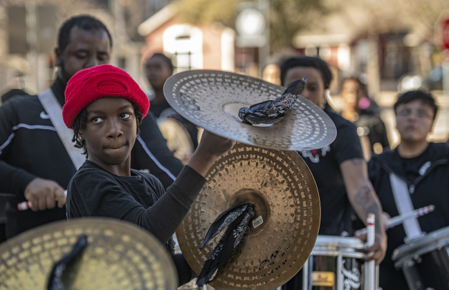 Jordan Rodgers, a member of the Austin City Wide Drumline, helps welcome attendees to the Allen R. Baca Center for  Round Rock's 36th Annual Commemorative Dr. Martin Martin Luther King, Jr. Celebration on Saturday, January 14.