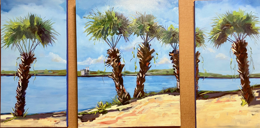 Debbie Heatley’s oil paintings of Lighthouse Palms are on display at Healing Arts Gallery.