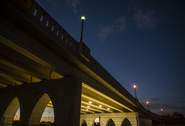 The bridge spanning the San Gabriel River near San Gabriel Park is seen on New Years Eve, Saturday, December 31, 2022.  An area under the bridge is set aside for basketball.