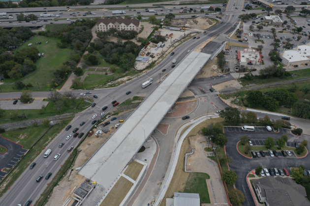 The eastbound RM 620 overpass above the new roundabout is seen under construction last November in Round Rock. (Courtesy Texas Department of Transportation)
