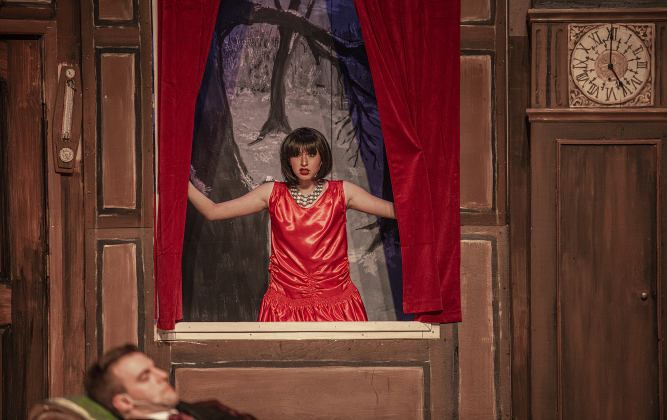 Mikah Mazza, as Sandra, and Benjamin Meaders, playing Jonathan, are shown in a February 9 photo during the dress rehearsal for the Georgetown Palace production of "The Play That Goes Wrong," playing through March 12 on the Springer Memorial Stage. (Photos by Andy Sharp)