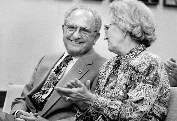 Dr. Douglas Benold and his wife, Nell, is all smiles September 20, 1994, at the announcement that Georgetown ISD's new school will be named in his honor. (Sun Archive)