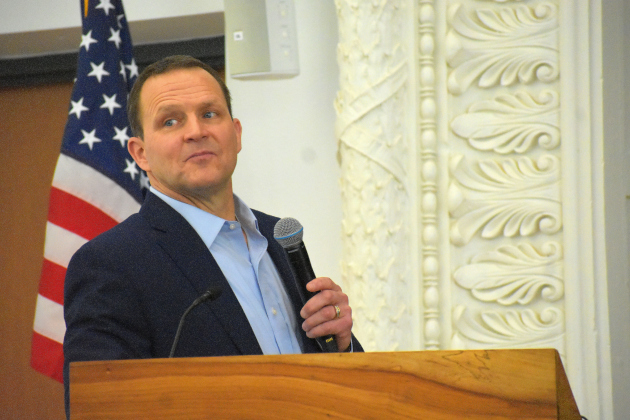 Superintendent Fred Brent presents at GISD’s 2023 State of the District event Thursday, March 2.