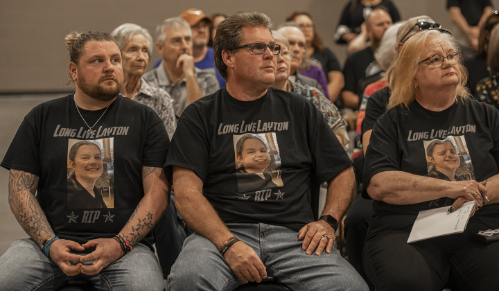 Cody Ivins, left, sits with his parents, Wayne and Lori Ivins, during an event to call attention to the dangers of fentanyl at the Williamson County Expo Center an event coordinated by the Williamson County Sheriff's Office. Cody's son Layton, 16, died in January as a result of  fentanyl poisoning.