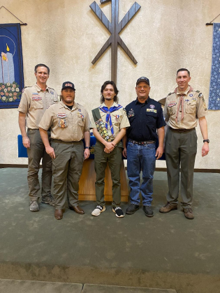 From Left, Assistant Troop Masters Jason Suggs, Sean Gingras, Eagle Scout Dustin Ford, Past Troop Master Mike McAlister and Troop Master John McEntire.