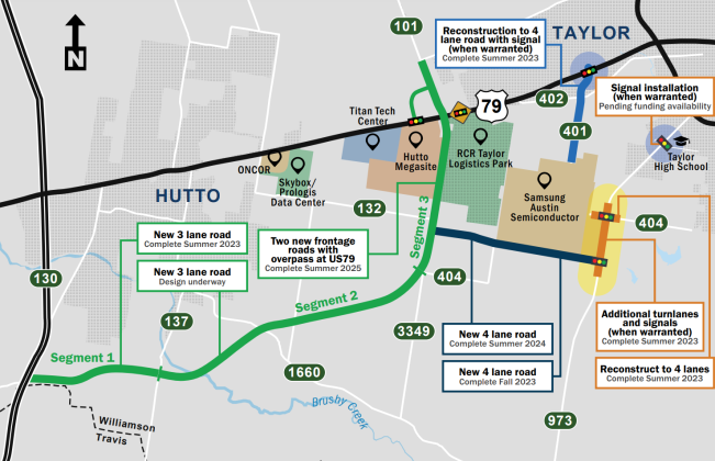 A map outlines road work around Taylor and Hutto. Courtesy Williamson County 