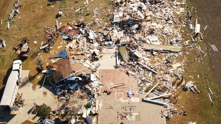 A drone photo shows damage near Granger from a tornado in 2022. 