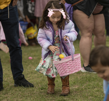 Victoria Larios, 3, puts an egg in her basket.