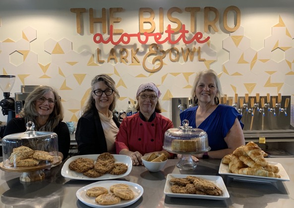 The Alouette Bistro is now operating with a limited menu at Lark & Owl Booksellers, 205 Sixth Street, Suite 101 in Georgetown. The food spot is a collaboration between bookstore co-owners Jane Estes, left, Rachael Jonrowe and Misty Adair, not pictured, as well as chefs Erika Bongort and Kathy Armstrong. Photo by Brigid Cooley