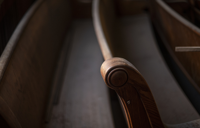 Light falls on a portion of pews at what was once Granger United Methodist Church.
