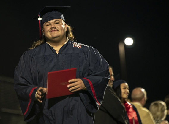 East View High School graduating senior Austin Dylan Cain smiles after receiving his diploma during the 2023 Commencement on Friday, May 26.