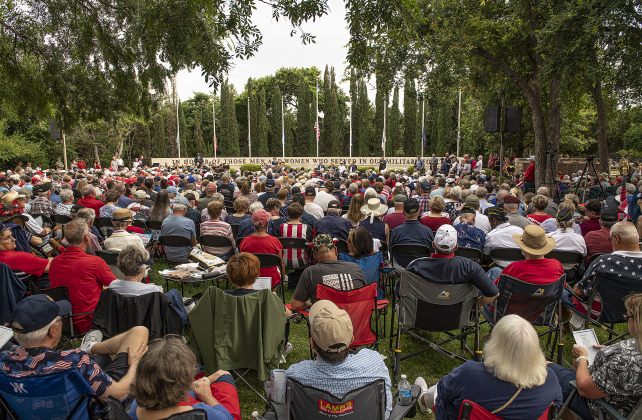 A large crowd gathered for the  Sun City Texas Community Association Memorial Day observance held Monday, May 29 at the Georgetown-Williamson County Veterans Memorial Plaza in Sun City.