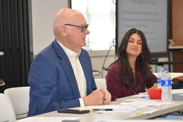 Search firm consultants Rick Berry and Jodi Duron work with Georgetown ISD trustees to develop a search calendar Monday, May 1.