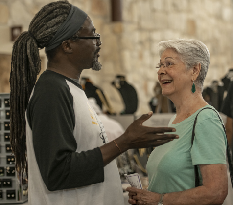 Georgetown Cultural Citizen Memorial Association member Nathaniel Bonner, left, enjoys a visit with Connie Semple during Georgetown's 71st Juneteenth celebration, held Saturday, June 17. Ms. Semple was married to Reverend Cyril Semple, pastor of Wesley Chapel AME Church in Georgetown.  The Reverend Semple died in 2018.